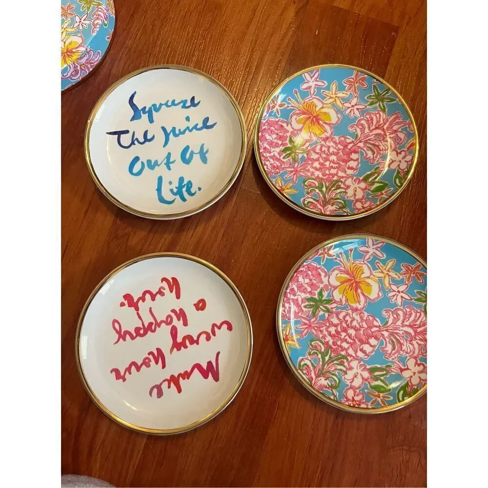 Set of 4 Lilly Pulitzer Ceramic Gold Rim Coasters 3.75